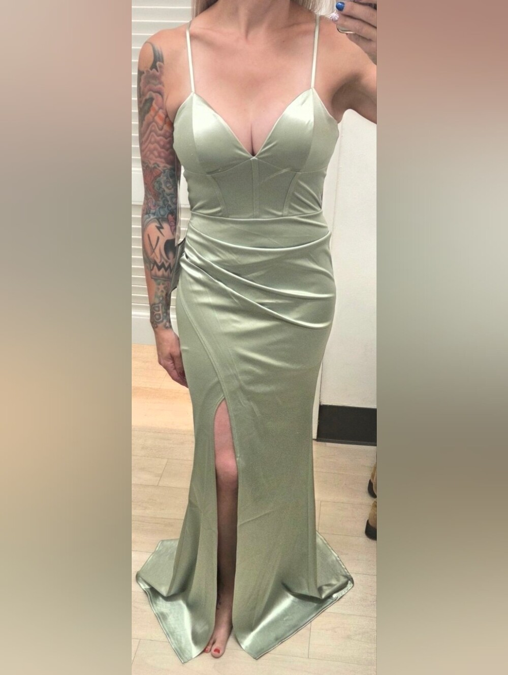 Emerald Sundae Sage Green Spaghetti Strap Ruched Maxi Skirt with Front Slit